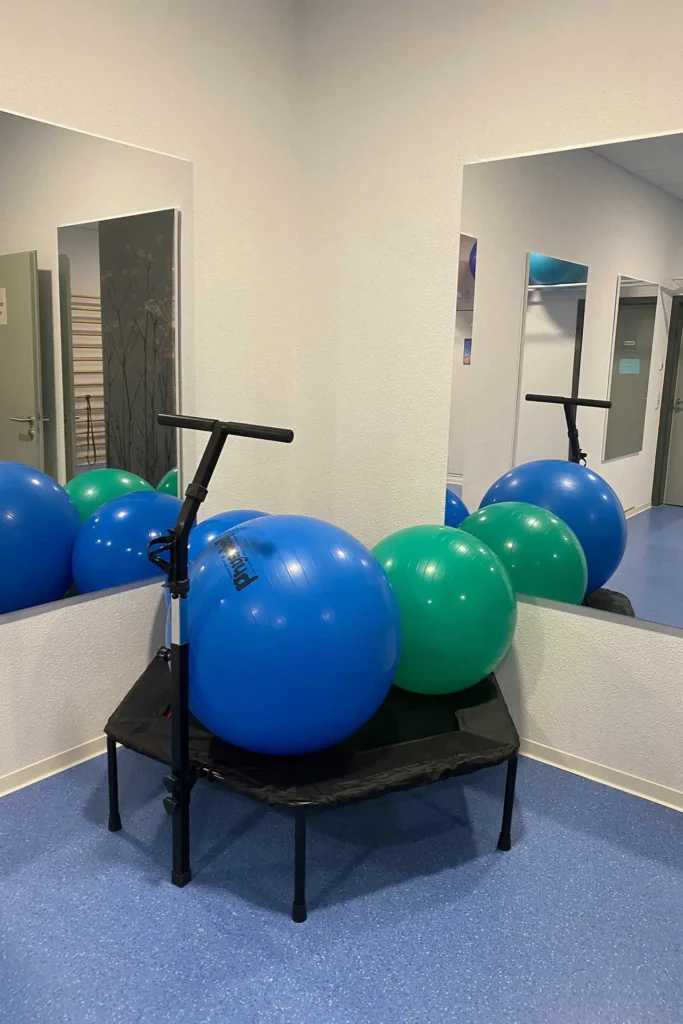 Physiotherapie Mandy Dannehl in Dessau Roßlau - Bereit für den Wandel – der erste Schritt zur Heilung. Gutschein - Therapieangebote - Kurse - Gymnastikbälle grün und blau in Kursraum mit großen Spiegeln
